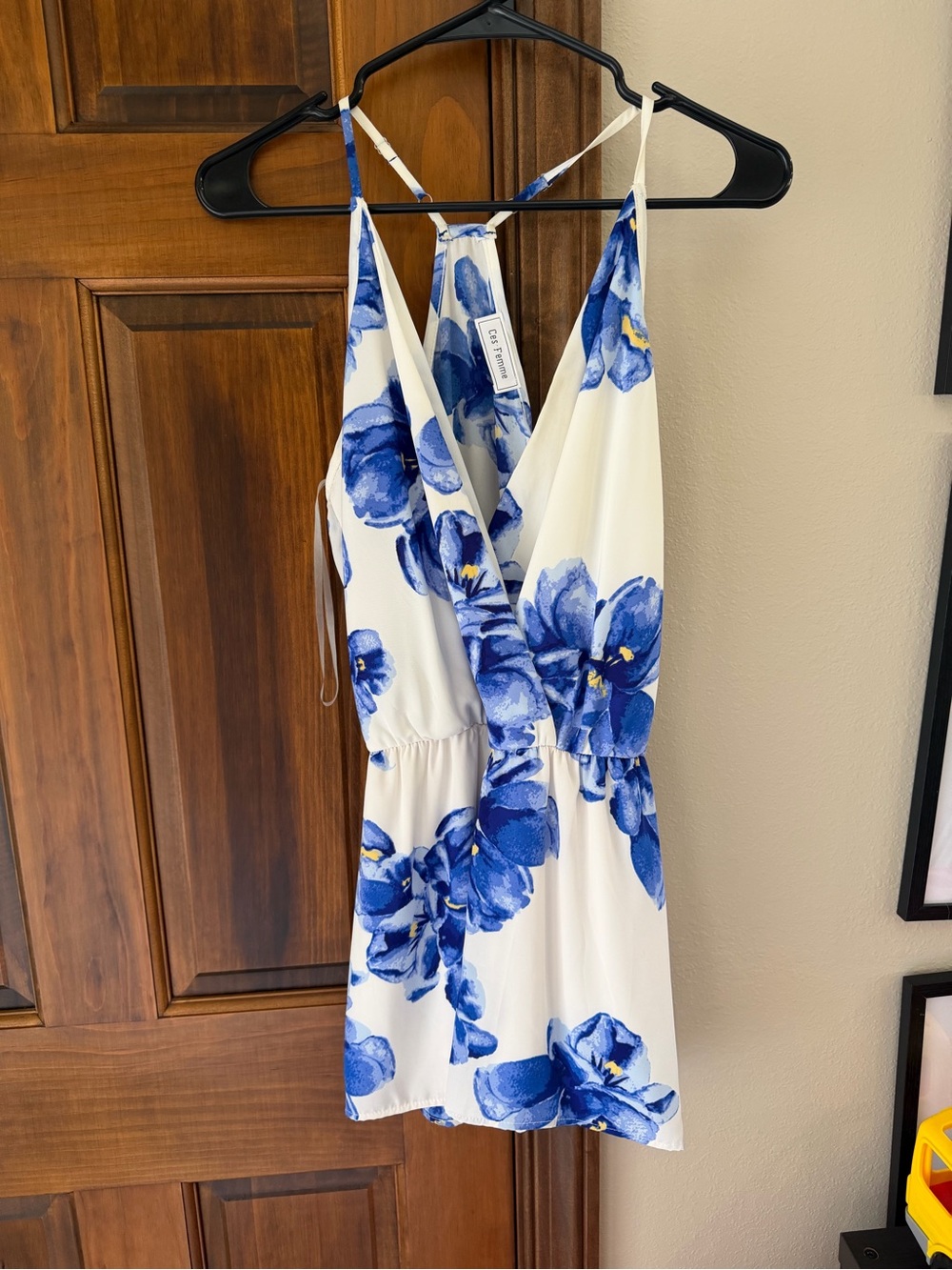 Ces Femme Blue Floral Surplice Racerback Romper